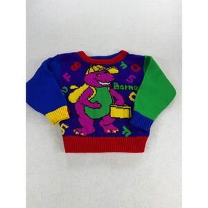 Vintage 1992 Barney the Dinosaur Kids Sweater Colorblock Knit 2T E27716 USA Made